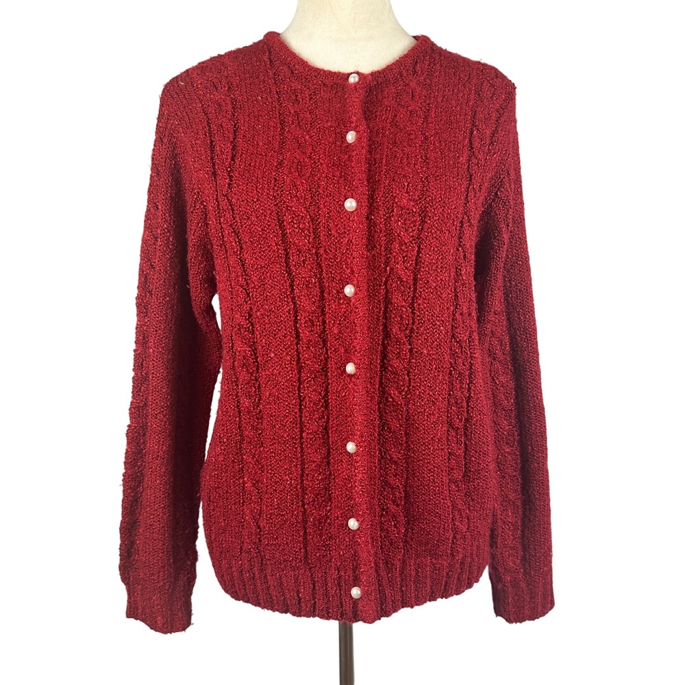 Jennifer Moore Red Knit Cardigan Sweater Pearl Button Front Womens‎ Medium